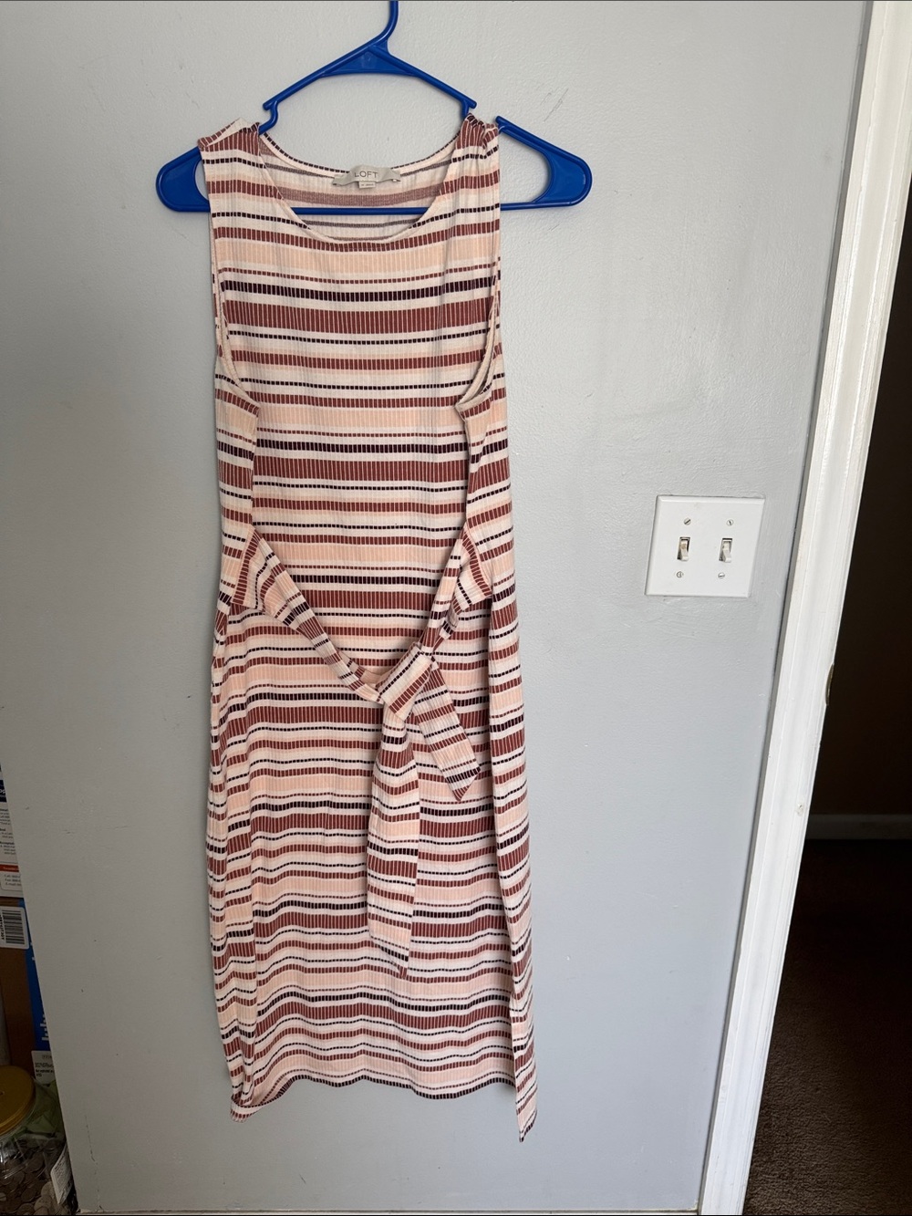 Striped Sleeveless Tie-Waist Dress in Beige white & peach by the LOFT, medium